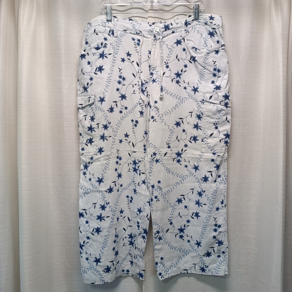 Putumayo Womens L White Blue Floral 100% Linen Cargo Pants Drawstring Waist Wide